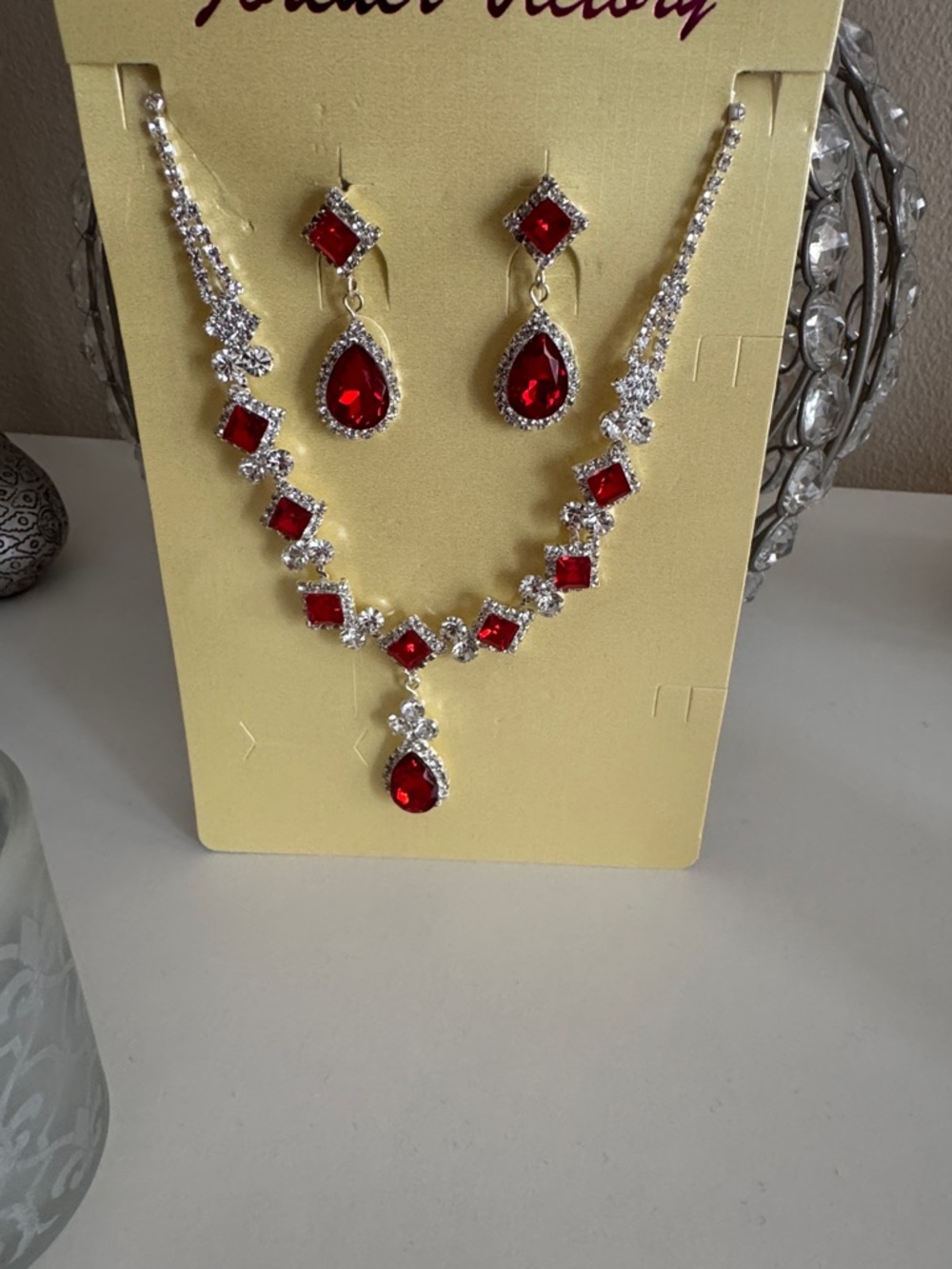 Elegant Red Teardrop Crystal Necklace & Earring Set
